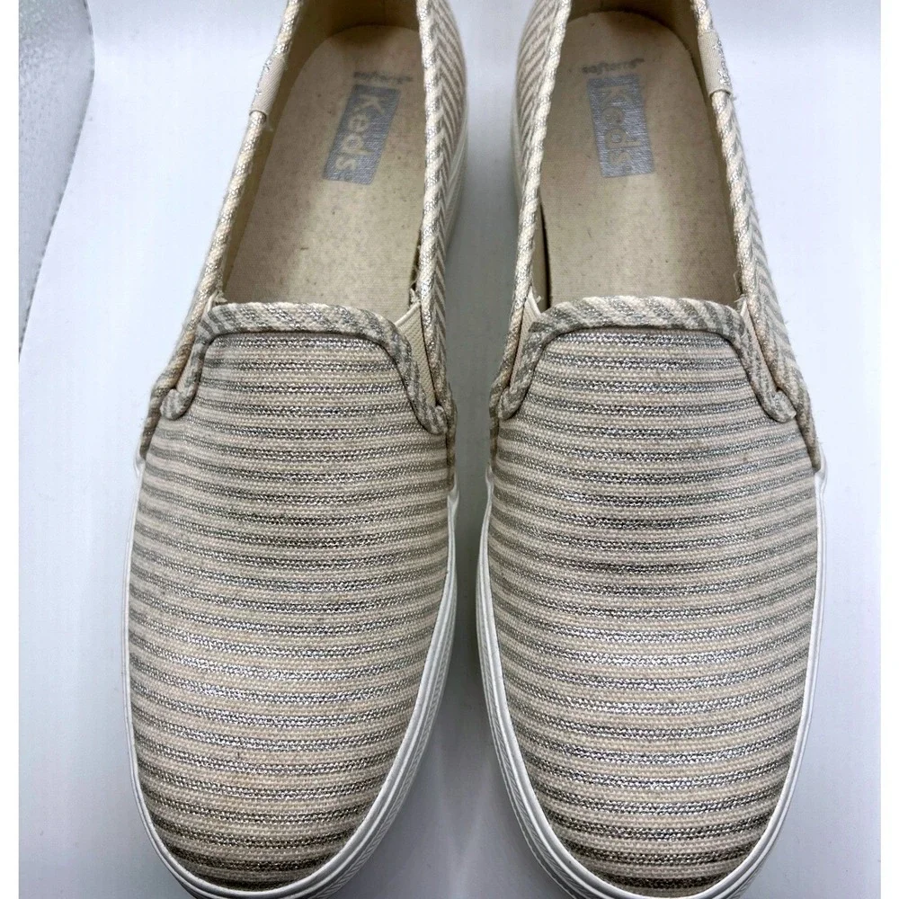 Keds Double Decker Sneaker 7.5 Cream Silver Excellent Striped Metallic Platform